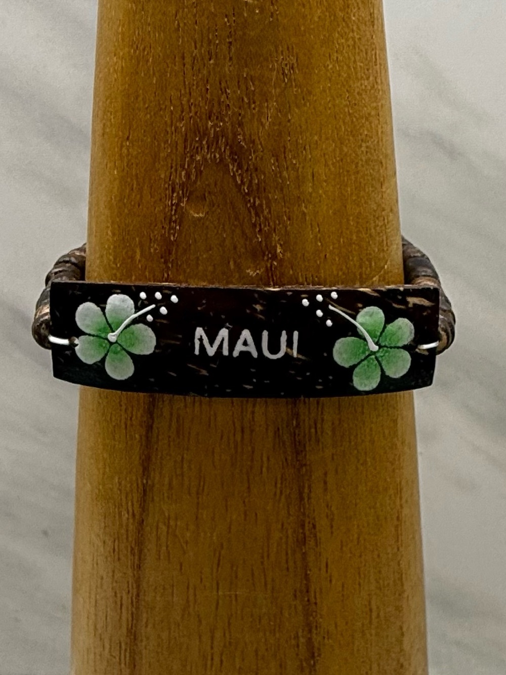 Maui Wooden Bracelet with Green Flower Accents